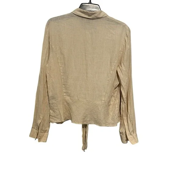 Lafayette 148 Size 12 100% Linen Dark Cream Tie‎ Front Shirt Top Blouse #T4-3 - Picture 4 of 9